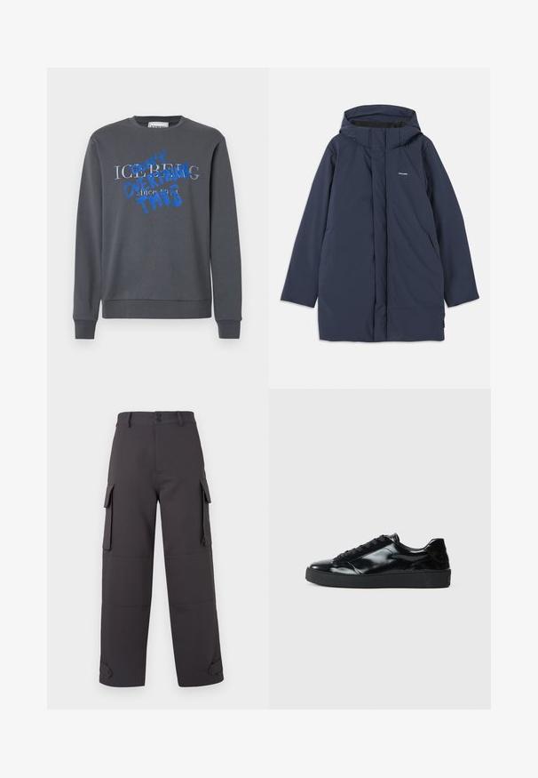 Parka imperméable bleu marine avec capuche, dotée d'une fermeture éclair à l'avant, de deux poches latérales et d'un logo de marque minimaliste sur la poitrine.; Iceberg FELPA - Sweatshirt - grigio scuro; Pantalons cargo gris foncé, fabriqués en tissu lisse, dotés de deux poches latérales et de fermetures à boutons. Coupe ample avec des ourlets côtelés.; Baskets en cuir verni noir avec un bout arrondi, un laçage, une semelle en caoutchouc texturé et une finition lisse.