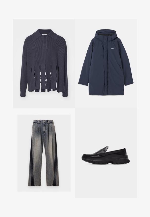 Parka imperméable bleu marine avec capuche, dotée d'une fermeture éclair à l'avant, de deux poches latérales et d'un logo de marque minimaliste sur la poitrine.; Pull tricoté bleu marine foncé avec des fentes horizontales ouvertes à l'ourlet, col et poignets côtelés. Il présente une coupe décontractée et un matériau texturé.; Jean en denim gris délavé taille haute avec des plis et des rayures verticales noires le long des côtés extérieurs de chaque jambe.; Mocassin noir brillant avec semelle épaisse texturée et détails cousus, profil latéral sur fond gris clair uni.