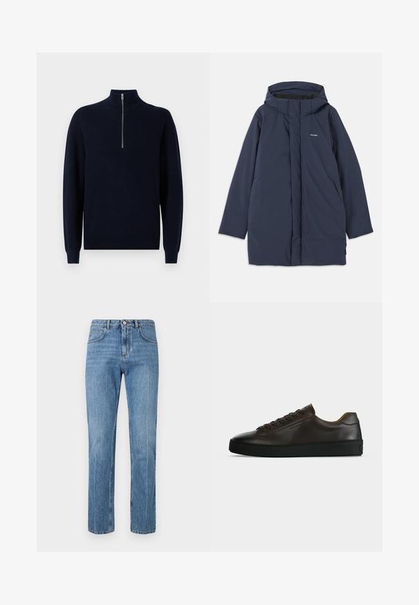 Marineblå vandtæt parka-jakke med hætte, der har en frontlynlås, to sidelommer og et minimalistisk brandlogo på brystet.; Mørkeblå strikpullover med høj krave og kvart lynlås. Ribbet tekstur på ærmer og krop, som har en afslappet pasform og standard kant.; Blå lige ben højtaljede jeans med frontknap, lynlås, bæltesløjfer og fem-lomme design mod en hvid baggrund.; Lavprofil mørkebrune lædersneaker med sort gummisål, snørelukning foran og glat minimalistisk design på lys baggrund.