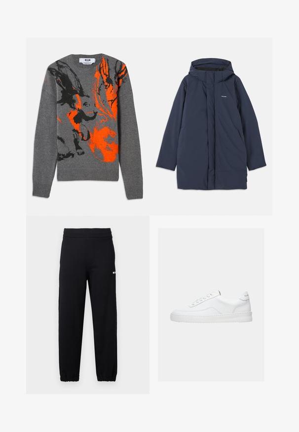 Parka imperméable bleu marine avec capuche, dotée d'une fermeture éclair à l'avant, de deux poches latérales et d'un logo de marque minimaliste sur la poitrine.; Pull en tricot gris avec un design abstrait contrasté en orange et noir. Encolure ronde et poignets et ourlet côtelés. Texture douce.; Pantalon de survêtement noir avec taille et poignets élastiques, arborant un petit logo blanc sur la partie supérieure de la cuisse gauche.; Baskets basses blanches avec un design à lacets, dessus en cuir lisse et semelle épaisse, montrées de profil sur un fond uni.