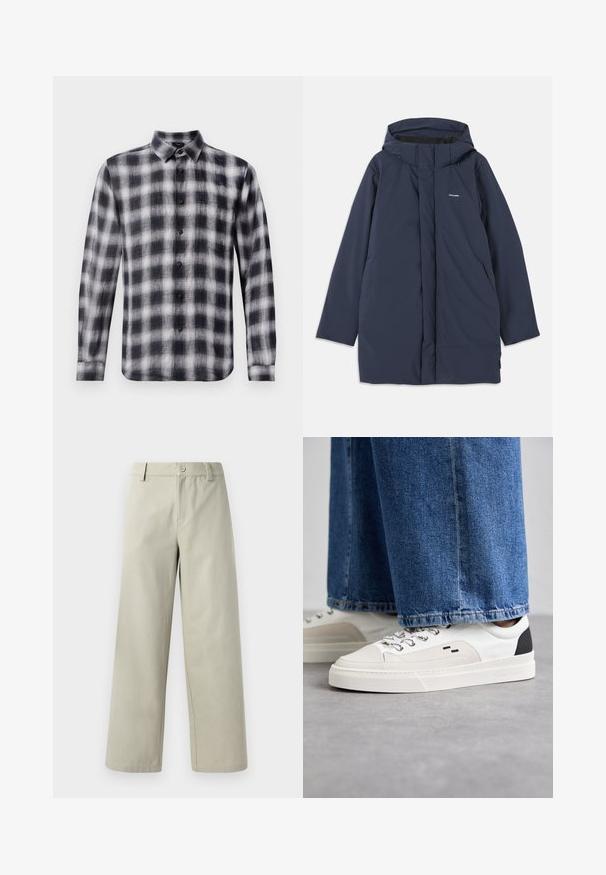 Marineblå vandtæt parka-jakke med hætte, der har en frontlynlås, to sidelommer og et minimalistisk brandlogo på brystet.; Skoleternet skjorte i sort og hvid, langærmet, med krave, lavet af let stof med en blød struktur, der har sorte knapper.; Han Kjøbenhavn WIDE LEG - Bukser - light grey; Hvide og sorte sneakers med en glat læderoverdel, teksturerede detaljer og en kraftig hvid sål. Har et klassisk snørebåndsdesign.