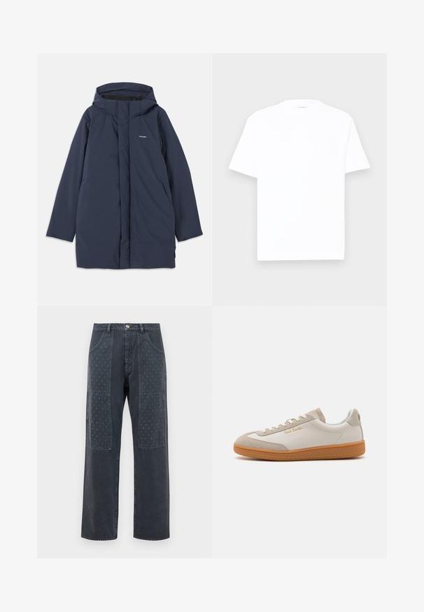 Námornícka modrá vodoodolná parka s kapucňou, disponujúca predným zipsom, dvoma bočnými vreckami a minimalistickým logo značky na hrudi.; Biely bavlnený tričko s okrúhlym výstrihom, krátkymi rukávmi a voľným strihom. Hladká textúra, minimálne detaily a žiadne vzory ani grafika.; Tmavé šedé džínsy so širokým strihom, s dekoratívnymi nášivkami na prednej strane s jemným kvetinovým vzorom a štandardným detailom vreciek.; Biele a béžové nízke tenisky s gumovou podrážkou, bielymi šnúrkami, semišovými detailmi a zlatým logom "Paul Smith" na boku.