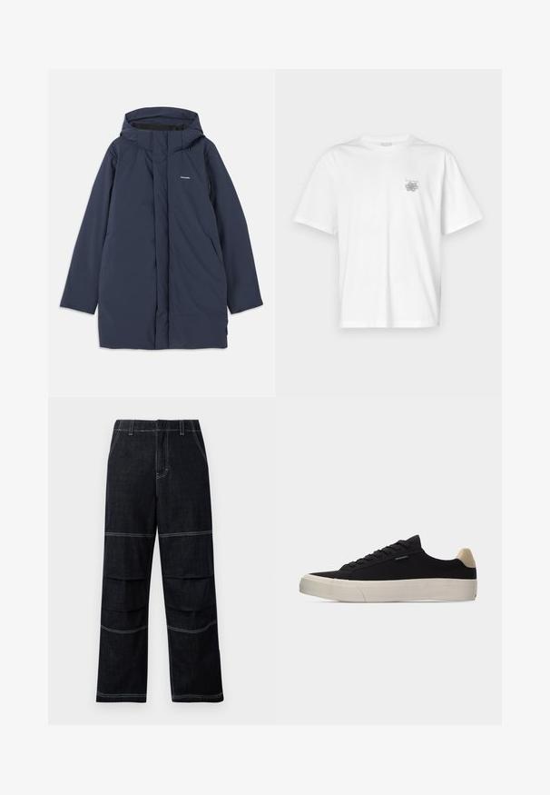 Parka imperméable bleu marine avec capuche, dotée d'une fermeture éclair à l'avant, de deux poches latérales et d'un logo de marque minimaliste sur la poitrine.; T-shirt blanc en coton avec des manches courtes, un col ras du cou et un petit logo gris sur la partie gauche de la poitrine. Texture lisse.; Pantalons en denim foncé à jambes larges et taille haute, dotés de coutures contrastantes et de poches superposées sur les cuisses.; Baskets basses noires avec languette beige au talon, semelle en caoutchouc blanche épaisse, lacets noirs et petite étiquette "PS Paul Smith" sur le côté.