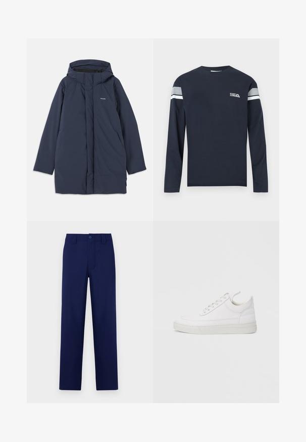 Parka impermeable azul marino con capucha, que cuenta con un cierre frontal, dos bolsillos laterales y un logotipo de marca minimalista en el pecho.; Camiseta de manga larga azul marino en tejido de algodón con cuello redondo, una raya blanca y gris en las mangas y un pequeño detalle de logo en el pecho.; Pantalones azul marino con botón y cremallera, corte recto, parte delantera lisa y bolsillos laterales; fabricados en una tela suave y ligera.; Zapatilla blanca de cuero con punta redondeada, suela plana y cierre de cordones. Presenta detalles de costuras y un cuello acolchado para mayor comodidad.