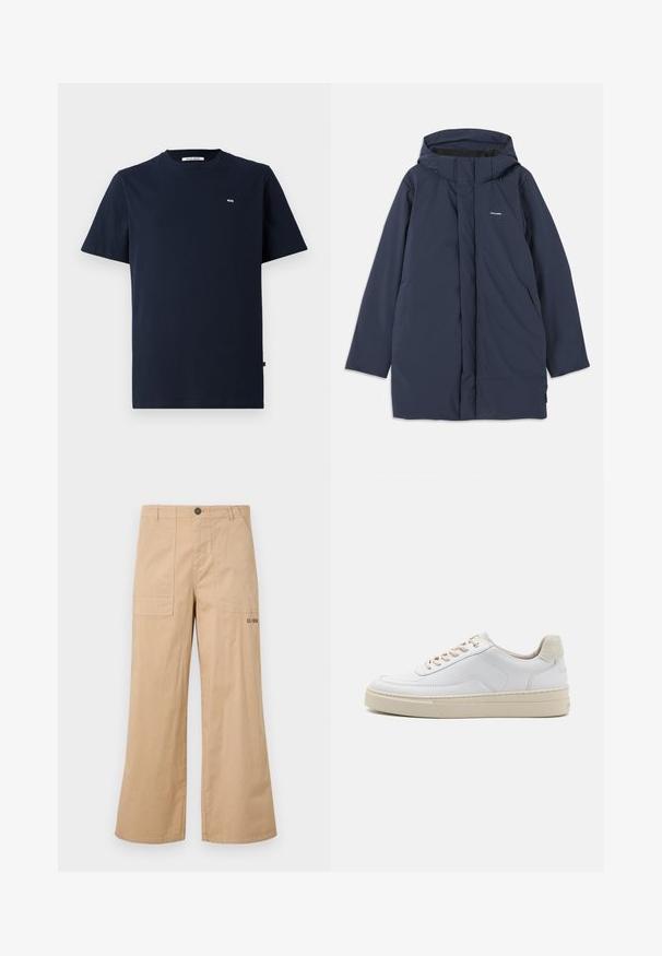 Marineblauer wasserdichter Parkajacke mit Kapuze, ausgestattet mit einem Frontreißverschluss, zwei seitlichen Taschen und einem minimalistischen Markenlogo auf der Brust.; Dunkelblauses Baumwoll-T-Shirt mit kurzen Ärmeln, Rundhalsausschnitt, subtilen "WW"-Logo auf der Brust und geradem Saum. Glatte Textur, lässiges Design.; Beige Baumwoll-Cargo-Hosen mit weitem Beinschnitt, vorderen aufgesetzten Taschen und einem Logo auf der Gesäßtasche. Leichter Stoff mit glatter Textur.; Weiße Sneaker mit einem glatten Lederobermaterial, beigen Schnürsenkeln und einer strukturierten, beigen Wildleder-Fersenschlaufe. Erhöhte Sohle für zusätzlichen Komfort.