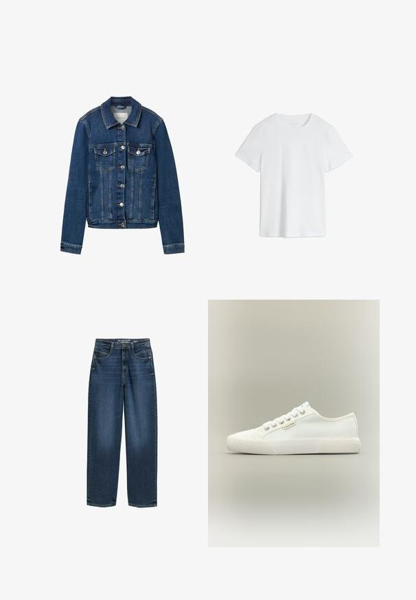 Chaqueta de denim en azul oscuro, con un cuello clásico, cierre frontal de botones, dos bolsillos en el pecho y detalles de costura en contraste.; Camiseta blanca lisa de manga corta con cuello redondo y un ajuste normal sobre un fondo blanco.; Jeans de pierna ancha de color azul oscuro con cintura alta, bolsillos frontales y textura de denim clásica. Acabados con detalles de costura sutiles y aberturas de pierna recta.; Zapatilla blanca de lona de corte bajo con suela de goma texturizada, cordones blancos y pequeña etiqueta de Calvin Klein en el lateral.