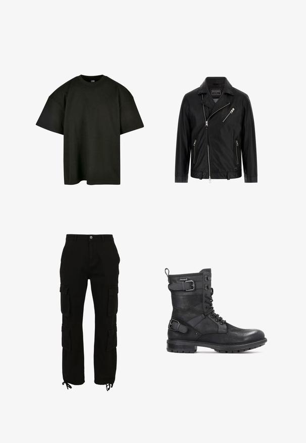Chaqueta de moto de cuero negro con cuello de solapa, cremallera frontal asimétrica, dos bolsillos laterales y un pequeño bolsillo en el pecho con detalle de cremallera.; Camiseta negra de corte oversized en suave algodón. Presenta un cuello redondo y mangas cortas, con una textura suave y un diseño minimalista.; Pantalones cargo negros de algodón, con múltiples bolsillos laterales, cierre de botón y bajos ajustables con cordones.; Kazar HEARD - Botines camperos - black