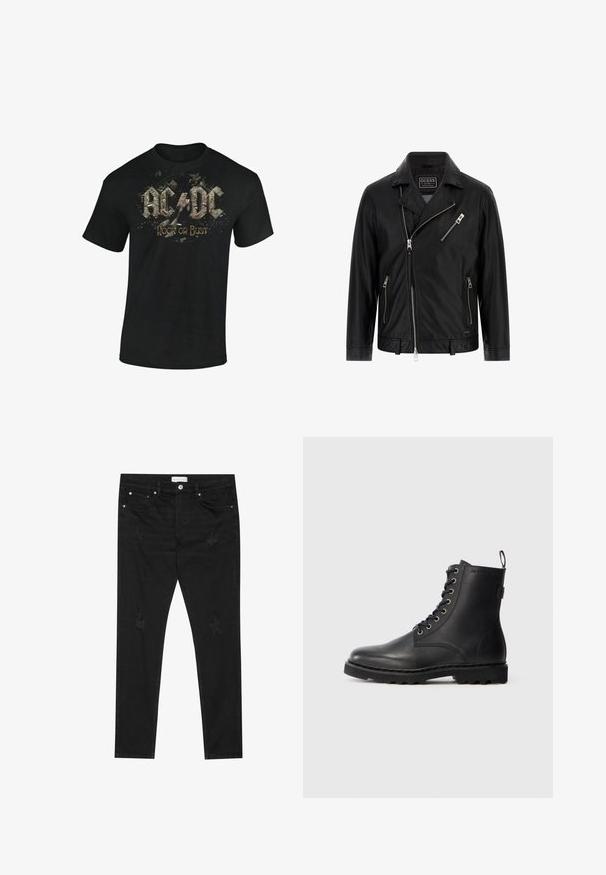 Chaqueta de moto de cuero negro con cuello de solapa, cremallera frontal asimétrica, dos bolsillos laterales y un pequeño bolsillo en el pecho con detalle de cremallera.; Camiseta de algodón negra con un estampado gráfico de "AC/DC" y "Rock or Bust" en letras estilizadas desgastadas con acentos de salpicadura.; Jeans slim fit negros con parches desgastados sutiles, botón de metal, bolsillos delanteros y una etiqueta de Pier One en la cinturilla.; Botín de cuero negro con punta redonda, diseño con cordones y ojales de metal. Cuenta con una suela texturizada y una lengüeta en el talón para facilitar su uso.