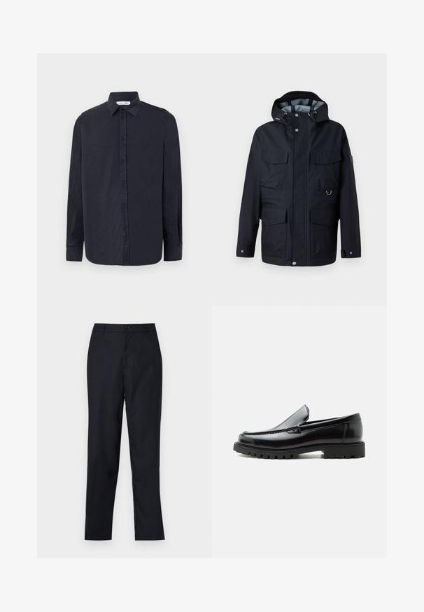 Marineblaue wasserdichte Jacke mit Kapuze, ausgestattet mit vier Fronttaschen, Druckknopfverschlüssen und einem Metallschmuckdetail im unteren Bereich.; Samsøe Samsøe RYAN SHIRT - Hemd - salute; Marineblaue Hose aus glattem Stoff, mit geradem Beinschnitt, einem einzigen Knopfverschluss und dezenten vorderen Falten.; Schwarzer Lederloafer mit grober Gummisohle, genähter Oberseite und geprägtem Markennamen an der Ferse, seitlich auf weißem Hintergrund gezeigt.