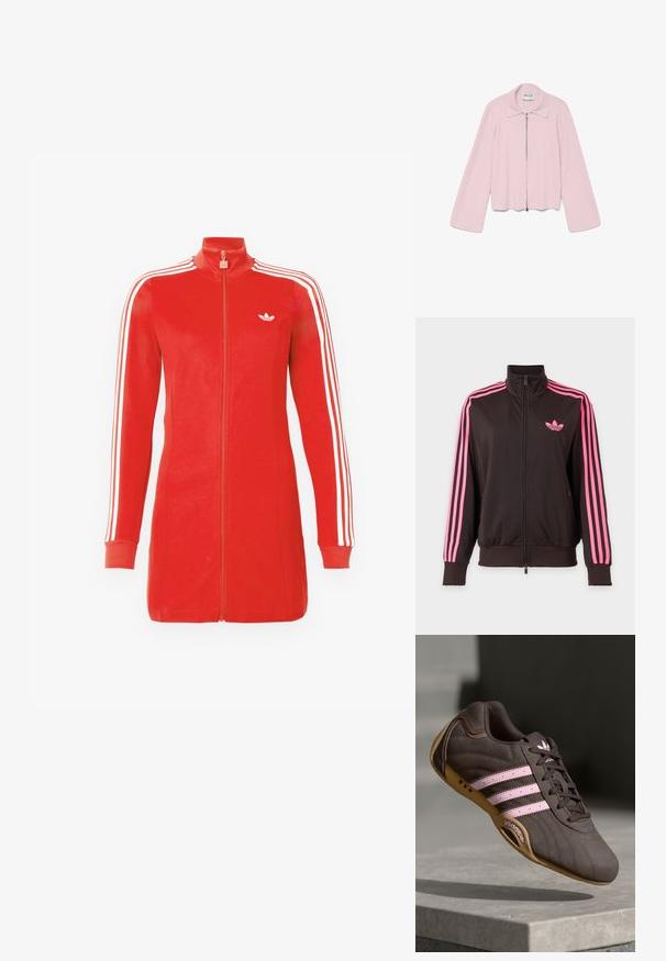 Čierna športová bunda na zips s ružovými pruhmi na rukávoch a ružovým logom Adidas na hrudi, zobrazená na jednoduchom pozadí.; Svetloružová bunda so zapínaním na zips vpredu, golierom a dlhými rukávmi. Jemná tkanina a mierne skrátený strih pre moderný vzhľad.; Červená športová bunda na zips s dlhým rukávom a bielymi pruhmi na rukávoch, s bielym logom Adidas na ľavej hrudi.; Hnedé semišové športové topánky s ružovými pruhmi a logom, s textúrovaným vrchom, šnurovaním a gumovou podrážkou.
