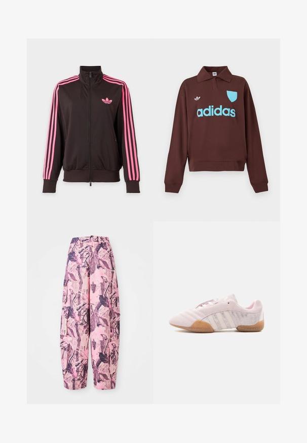 Sort sportstrøje med lynlås, rosa striber på ærmerne og et pink Adidas-logo på brystet, vist på en ensfarvet baggrund.; Brun sweatshirt med polo krave, der har en lys blå "adidas" logo og skjolddetalje, lavet af blødt stof med en afslappet pasform.; Lyserøde og lilla mønstrede vide bukser har et blad- og grenmønster, med høj talje og sidelommer for ekstra funktionalitet.; Lyserød ruskindssneaker med hvide striber, gummisål og teksturerede sidestykker, vist fra indersiden på en hvid baggrund.