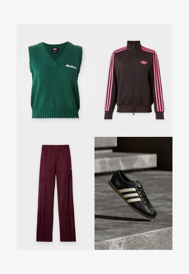Mustast lukuga spordijakk roosade triipudega varrukatel ja roosa Adidas logo rinnal, esitatud lihtsal taustal.; Roheline ilma varrukat kudumivest V-kaelusega, soonikkoes servad, valge äär ja "Dickies" logo rinnal.; Bordeaux värvi sportlikud püksid, mis on valmistatud tekstureeritud kangast, elasticse vöökoha ja külgõmblustega sirge jala disainiga.; Mustad nahast toss valge kolmerealise triibu kujundusega, tekstureeritud detailide, mustade paelte ja kummist tallaga. Brändi logo on nähtav keelal.