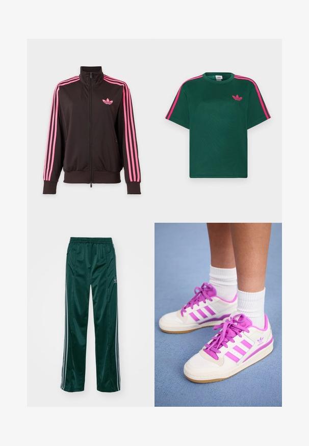 Chaqueta deportiva negra con cremallera, con rayas rosas en las mangas y un logo rosa de Adidas en el pecho, mostrada sobre un fondo sencillo.; Camiseta verde de manga corta con franjas rosas brillantes en los hombros y el logotipo de trébol de Adidas en el pecho.; Pantalones deportivos de color verde oscuro, hechos de un material brillante, con franjas laterales en gris claro y un logotipo bordado en la pierna izquierda.; Zapatillas blancas con acentos y cordones rosas, presentan tres franjas horizontales rosas y una suela de goma. Se pueden ver calcetines de algodón por encima del tobillo.