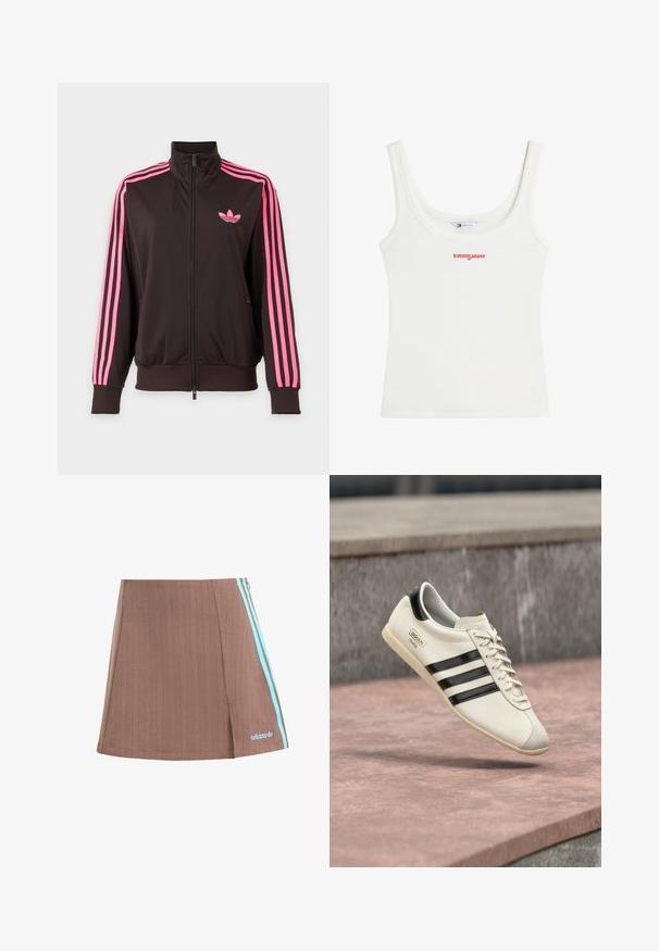Zwarte sportjas met ritssluiting, roze strepen op de mouwen en een roze Adidas-logo op de borst, afgebeeld op een effen achtergrond.; Witte geribde tanktop met ronde hals en rood "tommy jeans" logo in het midden van de borst.; Bruine geplooide skort met blauwe zijstrepen en logo. Kenmerkt zich door een strakke uitstraling, subtiele textuur en een rechte zoom.; Witte Adidas sneaker met zwarte strepen en beige zool, zwevend boven een rozeachtig betonnen oppervlak en een grijze stenen achtergrond.