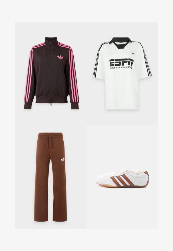 Čierna športová bunda na zips s ružovými pruhmi na rukávoch a ružovým logom Adidas na hrudi, zobrazená na jednoduchom pozadí.; Biela košeľa s krátkym rukávom, s čiernym golierom, tromi čiernymi pruhmi na rukávoch a výrazným čiernym nápisom "ESPN" a "HERE'S NO PLACE LIKE SPOTS."; Hnedé teplákové nohavice z mäkkého materiálu s uvoľneným strihom, s elastickým pásom, šnúrkou na stiahnutie a bielym logom na ľavom stehne.; Biele nízke tenisky s hnedými koženými pruhmi, viazaním na šnúrky a podrážkou z gumovej gumy, zobrazené z vnútornej strany na bielom pozadí.