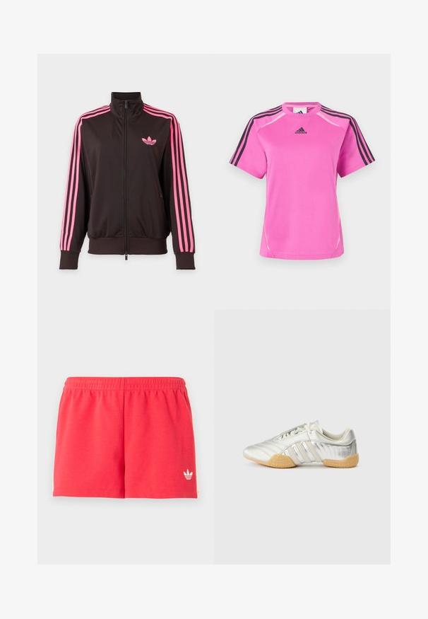 Veste de sport noire zippée avec des rayures roses sur les manches et un logo Adidas rose sur la poitrine, présentée sur un fond uni.; T-shirt de sport Adidas de couleur rose vif avec un détail de trois bandes noires sur les manches et un logo Adidas noir sur la poitrine.; Shorts de sport rouges avec ceinture élastique et petit logo Adidas blanc sur la partie inférieure gauche de la jambe, sur un fond uni.; Chaussure de sport argentée avec une tige en cuir lisse, une semelle en caoutchouc et des accents texturés. Présente un design incurvé et des lacets ton sur ton.