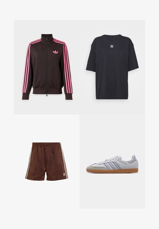 Čierna športová bunda na zips s ružovými pruhmi na rukávoch a ružovým logom Adidas na hrudi, zobrazená na jednoduchom pozadí.; Čierne bavlnené tričko s krátkymi rukávmi, okrúhlym výstrihom, na hrudi s bielym logom Adidas. Jednoduchý dizajn, voľný strih.; Hnedé športové šortky vyrobené z hladkej tkaniny s uvoľneným strihom, s bielymi bočnými pruhmi a vyšitým logom na dolnom ľavom okraji.; Biele kožené tenisky s svetlomodrými akcentmi, sivým semišovým špičkou a hnedou gumovou podrážkou. Obsahujú tri modré pruhy a branding "Samba".