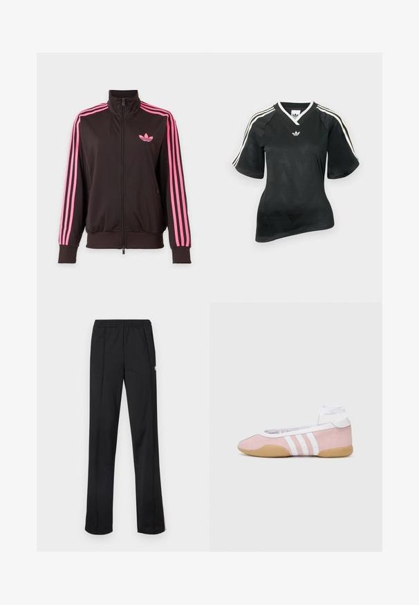 Veste de sport noire zippée avec des rayures roses sur les manches et un logo Adidas rose sur la poitrine, présentée sur un fond uni.; T-shirt de sport noir avec un col en V, des manches courtes et un motif chevron texturé. Présente des accents à trois bandes blanches sur les épaules et un logo.; Pantalon de sport noir avec une ceinture élastique, jambes droites et détail de logo blanc sur le côté. Fabriqué en tissu léger et lisse.; adidas Originals TAEKWONDO MEI BALLET - Baskets basses - clear pink/ftwr white/gum