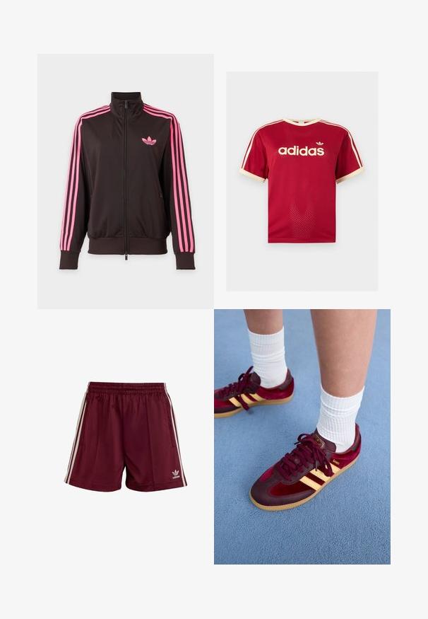 Mustast lukuga spordijakk roosade triipudega varrukatel ja roosa Adidas logo rinnal, esitatud lihtsal taustal.; Punane Adidas võrgust meeste särk beeži äärega krae, varrukate ja kolmekordsete triipude juures õlgadel, esiküljel Adidas logo ja tekstiga.; Tumed sportlikud lühikesed püksid elastse vöökohtaga, igal pool kolm valget triipu ja alumises vasakus nurgas väike valge Adidas'i logo.; Burgundi nahk- ja sametist tossud kollaste triipudega ja kummikeskmega. Valged ribad sokid paistavad pahkluust üles, asetatud sinisele struktuursele pinnale.