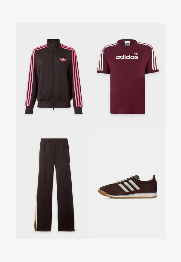 Sort sportstrøje med lynlås, rosa striber på ærmerne og et pink Adidas-logo på brystet, vist på en ensfarvet baggrund.; Mørkerød bomulds T-shirt med hvide stribede ærmer, med "adidas" logo i hvid på brystet og et lille logo ovenover.; Sorte træningsbukser med gule sidelister, elastisk taljebånd, lynlåslommer i siderne og en lille logo på den øvre lår.; Lavprofil mørk burgunder Adidas sneakers med hvide striber, cremefarvede snørebånd og gummitalje, set fra siden på neutral baggrund.