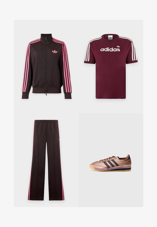 Čierna športová bunda na zips s ružovými pruhmi na rukávoch a ružovým logom Adidas na hrudi, zobrazená na jednoduchom pozadí.; Bordové bavlnené tričko s bielymi pruhovanými rukávmi, na hrudi s bielym logom "adidas" a malým logom nad ním.; Čierne športové nohavice s ružovými bočnými pruhmi, elastickým pásom, vreckami so zipsom a logom Adidas na ľavom stehne.; Bronzová atletická obuv s tromi čiernymi pruhmi, hladký povrch, dizajn na šnurovanie, kontrastná svetlohnedá podrážka s fialovým akcentom, retro štýl.