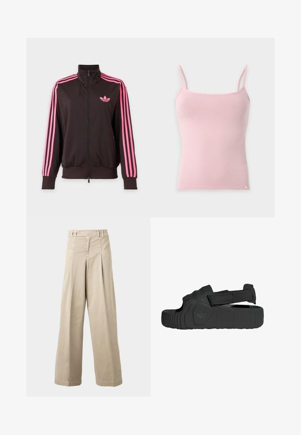 Sort sportstrøje med lynlås, rosa striber på ærmerne og et pink Adidas-logo på brystet, vist på en ensfarvet baggrund.; Lyserød ærmeløs camisole-top med tynde stropper, vist fladt på en lysegrå baggrund.; Beige bukser med høj talje og brede ben med bæltestropper, forreste læg og sidelommer, vist på en ensartet lys baggrund.; Sorte sandaler lavet af struktureret gummi med en bred rem og justerbar velcro-lukning. Har en mønstret sål og mærke-logo detalje.