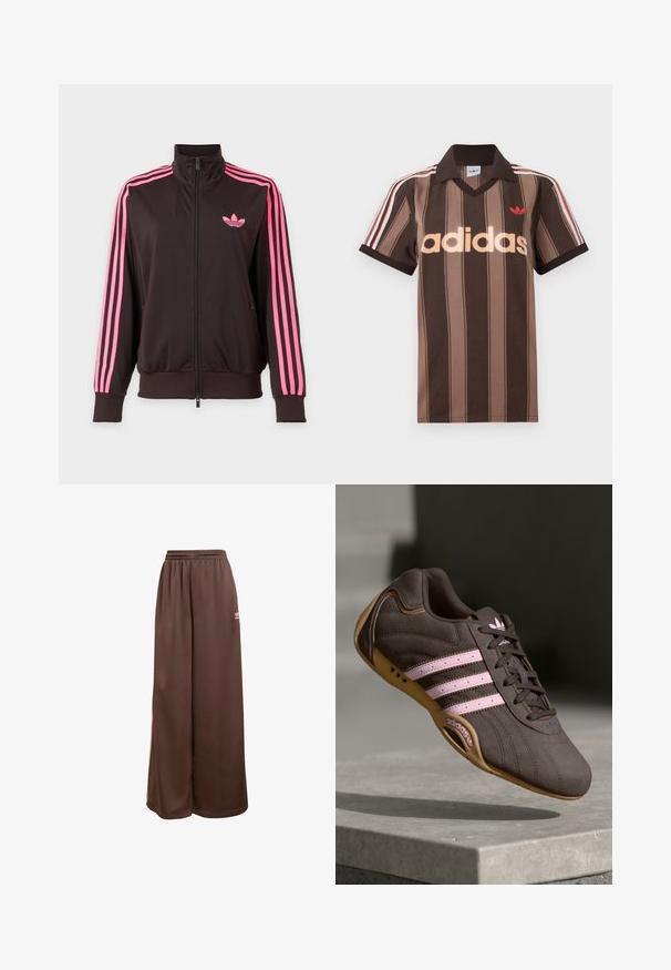Zwarte sportjas met ritssluiting, roze strepen op de mouwen en een roze Adidas-logo op de borst, afgebeeld op een effen achtergrond.; Bruine gestreepte Adidas polo met V-hals, bordeauxrode kraag en rood logo. Heeft witte en rode schouderstrepen, korte mouwen.; adidas Originals Trainingsbroek - auburn cream white; Bruine suède sport schoen met roze strepen en logo, voorzien van een gestructureerde bovenkant, vetersluiting en een gumrubberen zool.