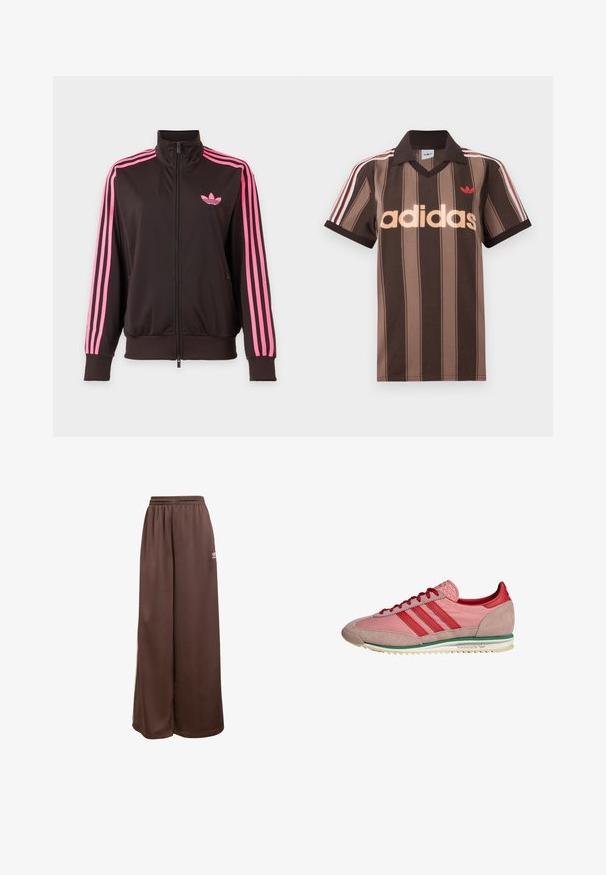 Schwarze Sportjacke mit Reißverschluss, pinken Streifen an den Ärmeln und einem pinken Adidas-Logo auf der Brust, dargestellt vor einem schlichten Hintergrund.; Braunes gestreiftes Adidas-Poloshirt mit V-Ausschnitt, bordeauxrotem Kragen und rotem Logo. Mit weißen und roten Schulterstreifen, kurzen Ärmeln.; adidas Originals Jogginghose - auburn cream white; Pink-rote Adidas-Sneaker mit Wildleder an Zehen- und Fersenpartie, roten Schnürsenkeln, grünem Streifen über der weißen Sohle, seitlich betrachtet.