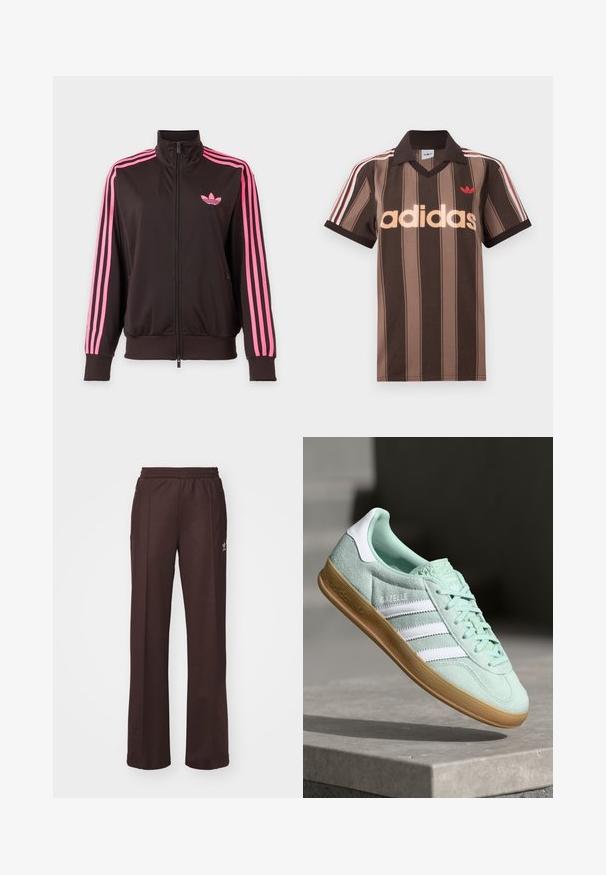 Čierna športová bunda na zips s ružovými pruhmi na rukávoch a ružovým logom Adidas na hrudi, zobrazená na jednoduchom pozadí.; Hnedé prúžkované polo tričko Adidas s výstrihom do V, bordovým golierom a červeným logom. Má bielo-červené pruhy na ramenách a krátke rukávy.; Hnedé športové nohavice s elastickým pásom, dvoma bočnými vreckami a malým logom na ľavej strane, vyrobené z mäkkej látky.; Tenisky Adidas Gazelle v mätozelenej nubukovej koži s bielymi akcentmi, s viazaním a gumovou podrážkou. Obsahuje tri biele pruhy.