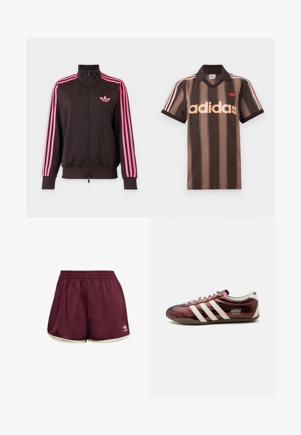 Schwarze Sportjacke mit Reißverschluss, pinken Streifen an den Ärmeln und einem pinken Adidas-Logo auf der Brust, dargestellt vor einem schlichten Hintergrund.; Braunes gestreiftes Adidas-Poloshirt mit V-Ausschnitt, bordeauxrotem Kragen und rotem Logo. Mit weißen und roten Schulterstreifen, kurzen Ärmeln.; adidas Originals SPRINTER - Shorts - maroon cream white; Flacher metallischer burgunderfarbener Adidas Sneaker mit weißen Streifen, Schnürsenkeln und „Adidas Tokyo“-Branding an der Seite.