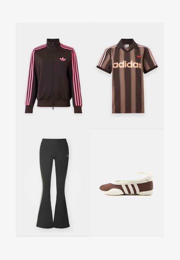 Čierna športová bunda na zips s ružovými pruhmi na rukávoch a ružovým logom Adidas na hrudi, zobrazená na jednoduchom pozadí.; Hnedé prúžkované polo tričko Adidas s výstrihom do V, bordovým golierom a červeným logom. Má bielo-červené pruhy na ramenách a krátke rukávy.; Čierne rozšírené legíny z elastickej tkaniny, s vysokým pásom a bielymi bočnými pruhmi. Obsahujú malé logo na páse.; Hnedá a biela baletná balerína s tromi bielymi pruhmi a mašľou na zviazanie okolo členku na jednoduchom svetlom pozadí.