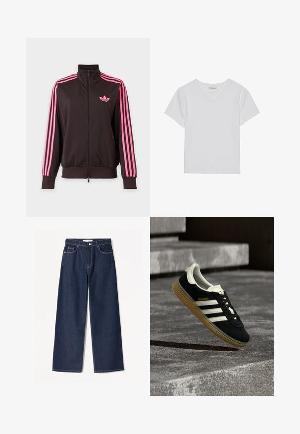 Sort sportstrøje med lynlås, rosa striber på ærmerne og et pink Adidas-logo på brystet, vist på en ensfarvet baggrund.; Hvid kortærmet V-hals t-shirt lavet af ribbet stof. Har et rent design med en lige kant og minimal detaljer.; Mørkeblå brede jeans i denimstof med hvide syninger, har to frontlommer og en klassisk knaplukning.; Sort Adidas München-sneaker med hvide striber og gummisål svævende over ribbet betontrappe.