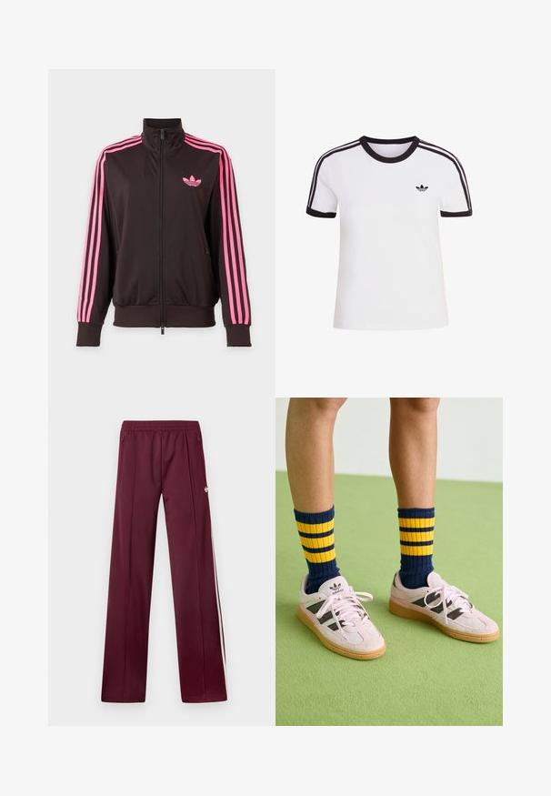 Mustast lukuga spordijakk roosade triipudega varrukatel ja roosa Adidas logo rinnal, esitatud lihtsal taustal.; Valge lühikeste varrukatega T-särk mustade detailidega, ümmarguse kaelusega ja kolme musta triibuga kummalgi õlal. Väike must logo rinnal.; Tumepunased spordipüksid elastse vöökohaga, külgedel lükandtaskud, valged küljestriibud ja väike valge Adidas logo paremal reiel.; Kerged roosa seemisnahast tossud mustade triipudega ja kummist tallaga, koos tumesiniste ja kollaste triipudega ribakudumiga sokkidega. Roheline tekstuuriga põrand.