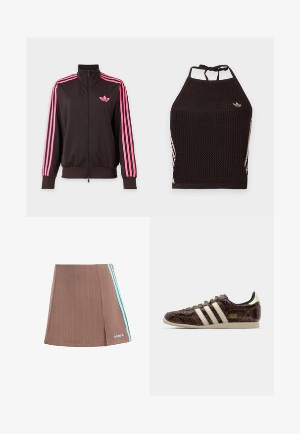 Zwarte sportjas met ritssluiting, roze strepen op de mouwen en een roze Adidas-logo op de borst, afgebeeld op een effen achtergrond.; Zwarte mesh halter crop top met een textuurpatroon. Voorzien van roze accentstrepen en een klein logo aan de voorkant. Sluiting met strik aan de achterkant.; Bruine geplooide skort met blauwe zijstrepen en logo. Kenmerkt zich door een strakke uitstraling, subtiele textuur en een rechte zoom.; adidas Originals JAPAN - Sneakers laag - preloved brown/cream white/core black