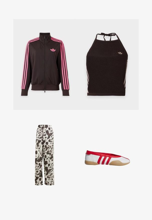Zwarte sportjas met ritssluiting, roze strepen op de mouwen en een roze Adidas-logo op de borst, afgebeeld op een effen achtergrond.; Zwarte mesh halter crop top met een textuurpatroon. Voorzien van roze accentstrepen en een klein logo aan de voorkant. Sluiting met strik aan de achterkant.; adidas Originals COW PRINT SATIN WIDE LEG - Trainingsbroek - multicolor off white; Rode en witte platte schoen met een afgeronde neus, gemaakt van glad synthetisch materiaal. Heeft drie rode strepen en een beige rubberen zool.