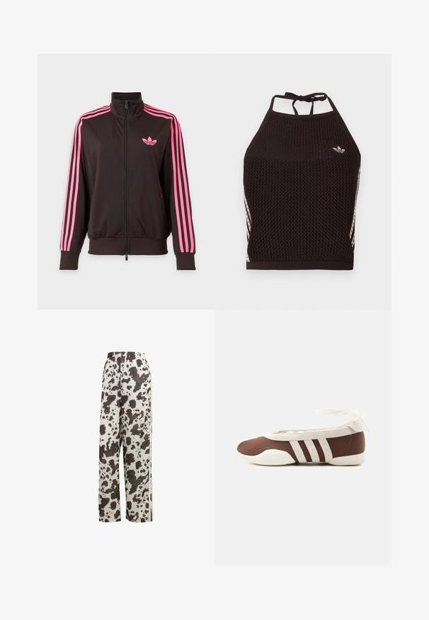 Zwarte sportjas met ritssluiting, roze strepen op de mouwen en een roze Adidas-logo op de borst, afgebeeld op een effen achtergrond.; Zwarte mesh halter crop top met een textuurpatroon. Voorzien van roze accentstrepen en een klein logo aan de voorkant. Sluiting met strik aan de achterkant.; adidas Originals COW PRINT SATIN WIDE LEG - Trainingsbroek - multicolor off white; Bruine en witte ballerinaschoenen met drie witte strepen en een strik om de enkel op een effen lichte achtergrond.