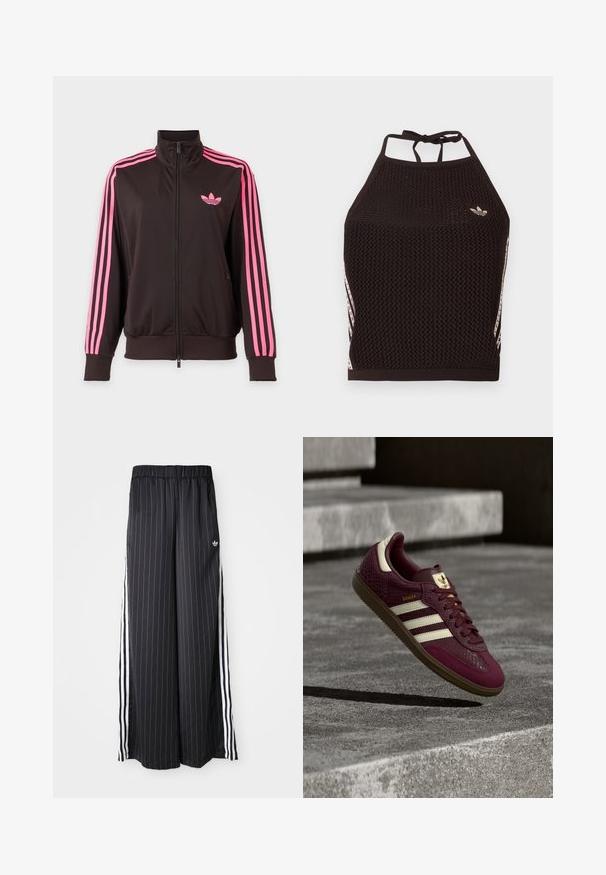 Čierna športová bunda na zips s ružovými pruhmi na rukávoch a ružovým logom Adidas na hrudi, zobrazená na jednoduchom pozadí.; Čierny sieťovaný crop top so štruktúrovaným dizajnom. Má ružové akcentové pruhy a malú logo na prednej strane. Zaviazanie na chrbte.; Čierne široké nohavice s vertikálnymi bielymi pruhmi, elastický pás a tri biele pruhy po stranách. Logo Adidas vpredu.; Bordová teniska s textúrovanou kožou, troma bielymi pruhmi a zlatými akcentmi. Gumená podrážka, klasický dizajn Samba a priedušné sieťované detaily.