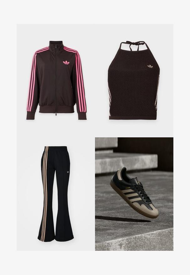 Mustast lukuga spordijakk roosade triipudega varrukatel ja roosa Adidas logo rinnal, esitatud lihtsal taustal.; Mustast võrgust kaelusega top tekstuurse mustriga. Esiküljel on roosad aksendtriibud ja väike logo. Seljal lipsuga kinnis.; Mustad mustad treeningpüksid kõrge vöökohaga, millel on külgedel kolm vertikaalset heleroosa triipu ja väike logo puusadel.; Must ja beež nahast spordijalats, millel on kolm valget triipu, tan värvi kummist talla ja kuldsete "Samba" detailidega küljel.