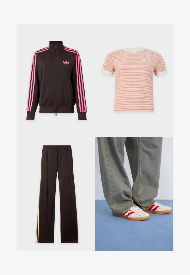 Chaqueta deportiva negra con cremallera, con rayas rosas en las mangas y un logo rosa de Adidas en el pecho, mostrada sobre un fondo sencillo.; Camiseta de manga corta a rayas rosas y blancas, con cuello y puños color crema, pequeño logo de Adidas en el pecho y dos rayas blancas en las mangas.; Pantalones de chándal negros con rayas amarillas laterales, cintura elástica, bolsillos laterales con cremallera y un pequeño logo en el muslo superior.; Zapatillas blancas con rayas rojas, parte superior de lona texturizada, puntera redonda, suela plana de goma, combinadas con pantalones vaqueros azul claro y holgados.