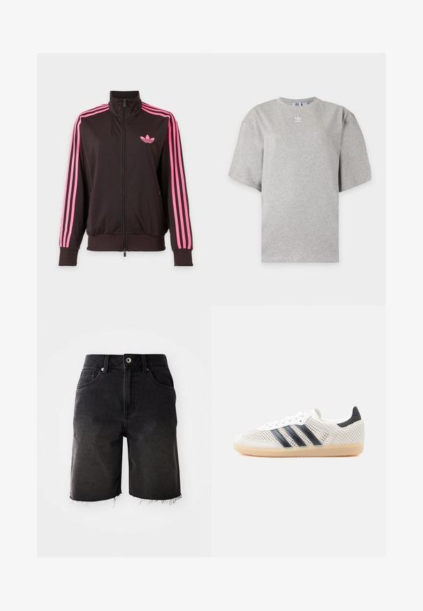 Sort sportstrøje med lynlås, rosa striber på ærmerne og et pink Adidas-logo på brystet, vist på en ensfarvet baggrund.; Lysegrå Adidas T-shirt med korte ærmer, rund hals og lille hvid Adidas-logo på brystet, vist på en ensfarvet baggrund.; Sorte denimshorts med en falmet vask, frynset kant, klassisk fem-lommer design og enkelt knaplukning. Tykke syninger som accentuerer hele shortsene.; Hvide mesh-sneakers med sort tre-stribet design, rundet tå og gummisål. Har blød hælkant og snørelukning.
