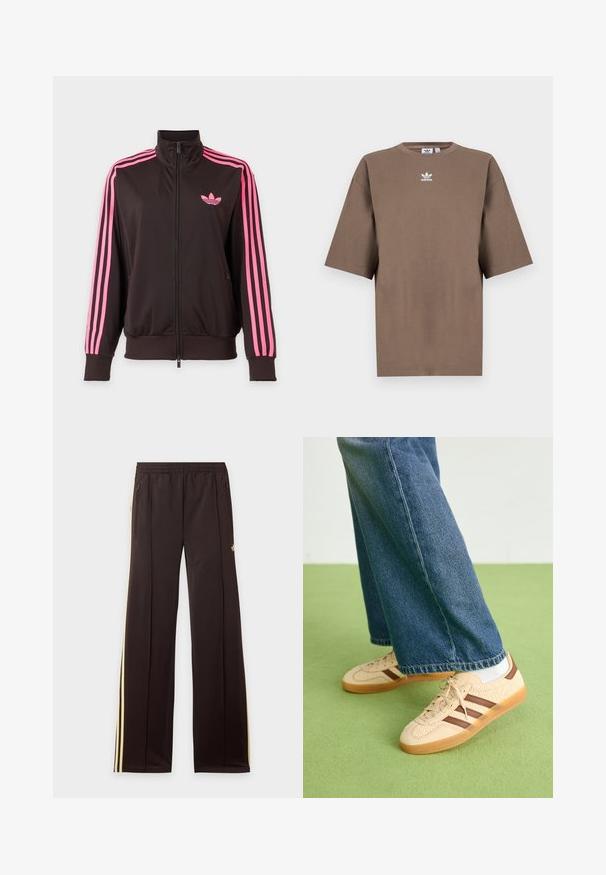 Sort sportstrøje med lynlås, rosa striber på ærmerne og et pink Adidas-logo på brystet, vist på en ensfarvet baggrund.; Brun bomulds t-shirt med korte ærmer, rund hals og hvid Adidas-logo centreret på brystet, som har et enkelt design og en afslappet pasform.; Sorte træningsbukser med gule sidelister, elastisk taljebånd, lynlåslommer i siderne og en lille logo på den øvre lår.; Beige sneakers med teksturerede cremefarvede paneler og brune striber, parret med blå denim jeans. Jeansene har brede ben og en frynset kant.