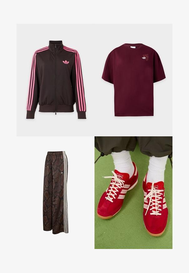 Schwarze Sportjacke mit Reißverschluss, pinken Streifen an den Ärmeln und einem pinken Adidas-Logo auf der Brust, dargestellt vor einem schlichten Hintergrund.; Maroonfarbenes T-Shirt mit kurzen Ärmeln, Rundhalsausschnitt und kleinem weißen Adidas-Logo mit Blumenstickerei auf der linken Brust.; Weit geschnittene Hose mit braun-schwarzem Schlangenhautmuster, weißen Seitenstreifen und elastischem Bund, mit kleinem Adidas-Logo.; Rote Wildleder- und Mesh-Sportschuhe mit weißen Streifen und Schnürsenkeln. Gummisohle. Getragen mit weißen gerippten Socken auf einer grünen strukturierten Oberfläche.