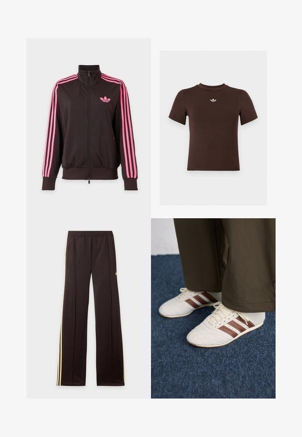 Čierna športová bunda na zips s ružovými pruhmi na rukávoch a ružovým logom Adidas na hrudi, zobrazená na jednoduchom pozadí.; Hnedé priliehavé tričko s krátkym rukávom a malým bielym logom Adidas umiestneným v strede pod výstrihom.; Čierne tepláky so žltými bočnými pruhmi, elastickým pásom, bočnými vreckami na zips a malým logom na hornej časti stehna.; Biele tenisky s hnedými pruhmi nosené s hnedými nohavicami na modrom kobercovom podlahe.