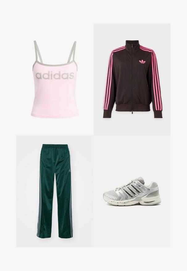 Zwarte sportjas met ritssluiting, roze strepen op de mouwen en een roze Adidas-logo op de borst, afgebeeld op een effen achtergrond.; Lichtroze tanktop met grijze details en verstelbare spaghettibandjes, met een groot, gecentreerd grijs "adidas" logo. Katoenen materiaal.; Donkergroene sportbroeken van glanzend materiaal, met zijstrepens in lichtgrijs en een geborduurd logo op het linkerbeen.; Lichtgrijze mesh en synthetische hardloopschoen met gedempte zool en metallic zilveren zijstrepen, gezien van de buitenkant.