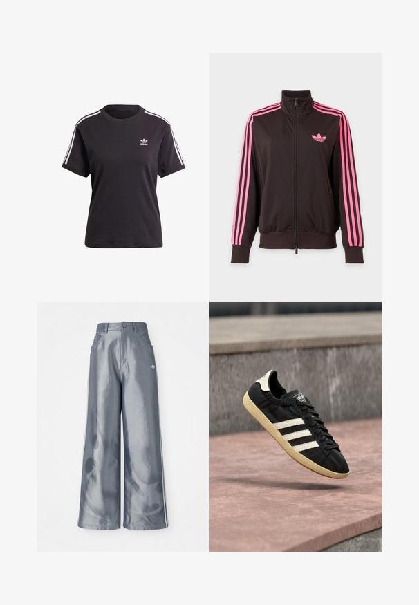 Sort sportstrøje med lynlås, rosa striber på ærmerne og et pink Adidas-logo på brystet, vist på en ensfarvet baggrund.; Sort bomulds t-shirt med korte ærmer og rund hals, der har hvide striber på skuldrene og et lille hvidt Adidas-logo på brystet.; Bredde benbukser i skinnende grå materiale med hvide sidelookstriber og et flammemønster på underbenene. Knap- og lynlåslukning i taljen.; Sort Adidas sneaker med hvide striber og beige sål, fanget i luften over en stenet overflade og baggrund af en stenmur.