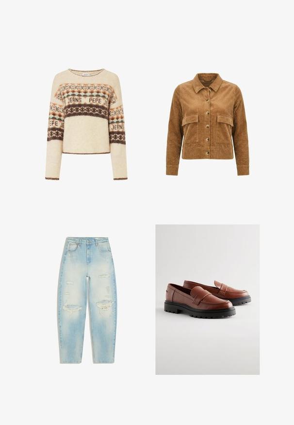 Veste en velours côtelé marron à boutons, avec deux poches avant à rabat et un col classique, présentée sur fond blanc.; Pull crème à manches longues, arborant un motif tricoté géométrique en marron, orange et teal. Encolure ronde et coupe cropped.; Jean bleu clair taille haute avec déchirures usées aux cuisses et aux genoux, poches avant et fermeture par bouton.; Mocassins en cuir marron à surface lisse, avec une large bride sur le cou-de-pied, et une semelle en caoutchouc noir robuste dotée de profondes rainures.