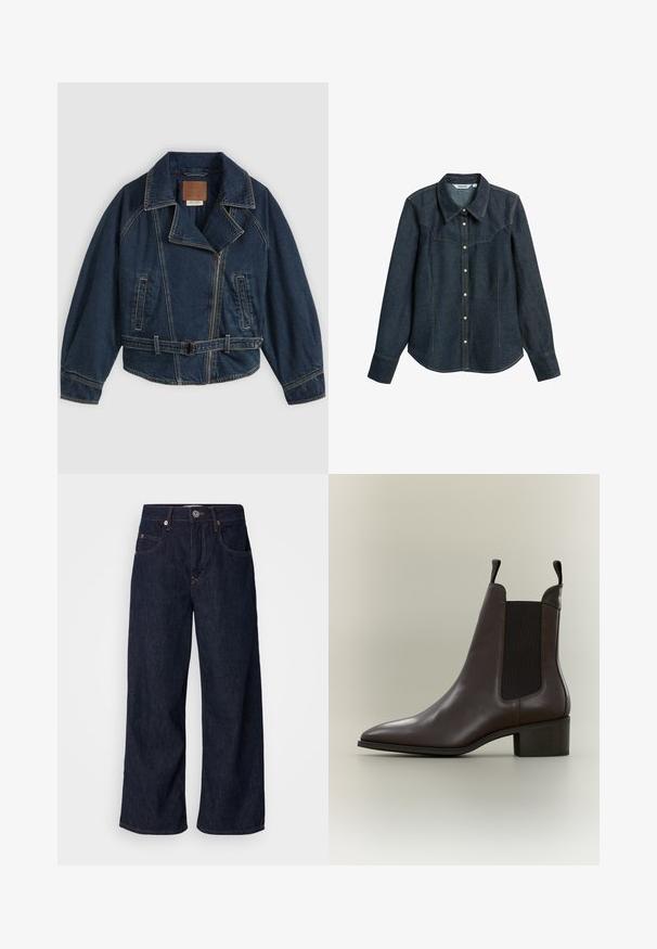 Dunkelblaue Jeansjacke mit weitem Kragen, Reißverschluss, Seitentaschen und Gürtel in der Taille, flach auf einem grauen Hintergrund liegend.; Dunkelblaue Denimbluse mit klassischem Kragen, Knopfleiste vorne und Doppelnaht. Verfügt über lange Ärmel und einen abgerundeten Saum.; Helle Jeans mit weitem Bein in Dunkelblau, featuring eine hohe Taille, zwei vordere Taschen, einen Knopfverschluss und kontrastierende Nähte.; Dunkelbrauner Leder-Knöchelstiefel mit schwarzen elastischen Seitenteilen, Zuglaschen vorne und hinten und niedrigem Blockabsatz.