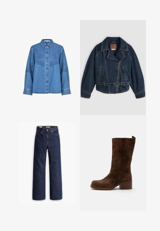Veste en jean bleu foncé avec large col, fermeture éclair, poches latérales et ceinture à la taille, posée à plat sur un fond gris.; Chemise en denim bleu clair avec broderie florale bleu foncé sur les épaules et les manches ; dotée d'un col classique et d'une fermeture à boutons.; Jeans en denim droit bleu foncé avec cinq poches, surpiqûres orange et fermeture à boutons.; Botte en daim marron mi-mollet avec talon bloc, bout arrondi et languette de tirage en haut à l'arrière, présentée sur fond blanc.