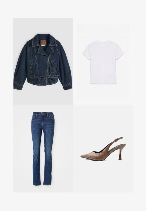Veste en jean bleu foncé avec large col, fermeture éclair, poches latérales et ceinture à la taille, posée à plat sur un fond gris.; T-shirt en coton blanc uni à manches courtes et col rond, étalé à plat sur un fond blanc.; Jeans droits bleus avec une légère décoloration, poches avant, passants de ceinture et fermeture à bouton sur fond blanc.; Chaussure slingback en cuir marron à talons hauts, bout pointu, bride ajustable à boucle et talon fin et effilé.