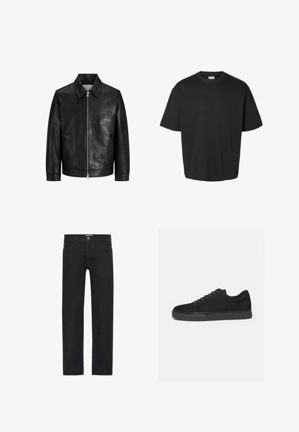 Sort læderjakke med frontlynlås, spids krave, lange ærmer og sidelommer.; Sort t-shirt med korte ærmer og rund hals med en afslappet pasform og en synlig hvid label inden i kraven.; Sorte lige ben jeans lavet af denim, der har en knaplukning i taljen, fem lommer og et minimalistisk design uden synlige mønstre.; Sort lavtop sneaker med snørelukning foran og flad gummisål, vist fra siden på en hvid baggrund.